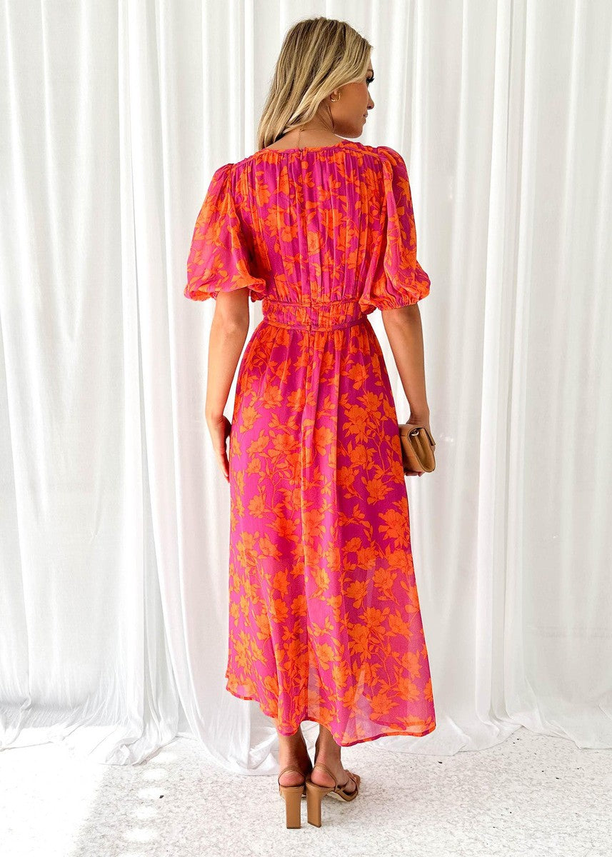 Women's pink and orange floral midi dress with puff sleeves