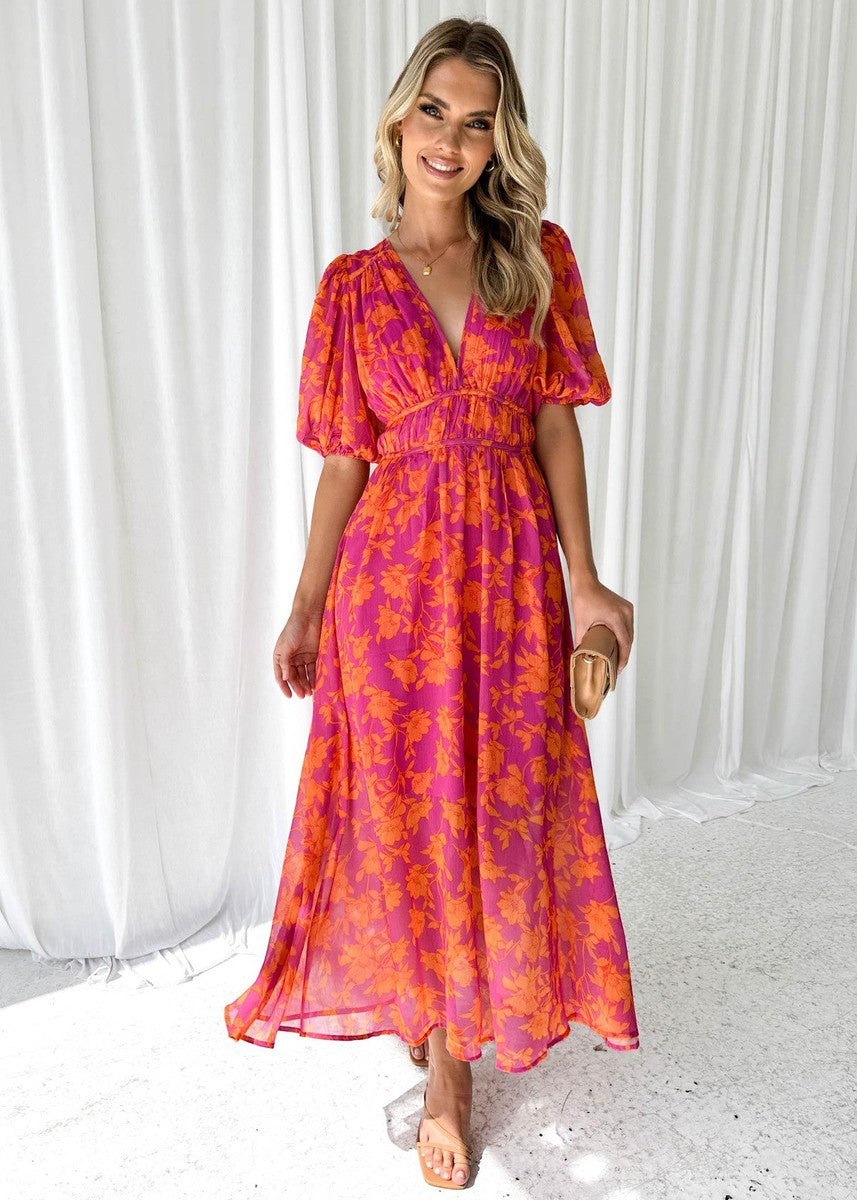 Women's pink and orange floral midi dress with puff sleeves