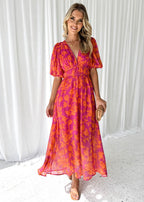 Women's pink and orange floral midi dress with puff sleeves
