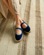 Navy velvet Mary Jane espadrille flats with woven soles