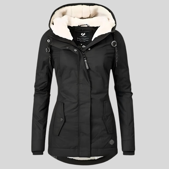 Women's hooded lined coat with long sleeves, zip front and lower pockets