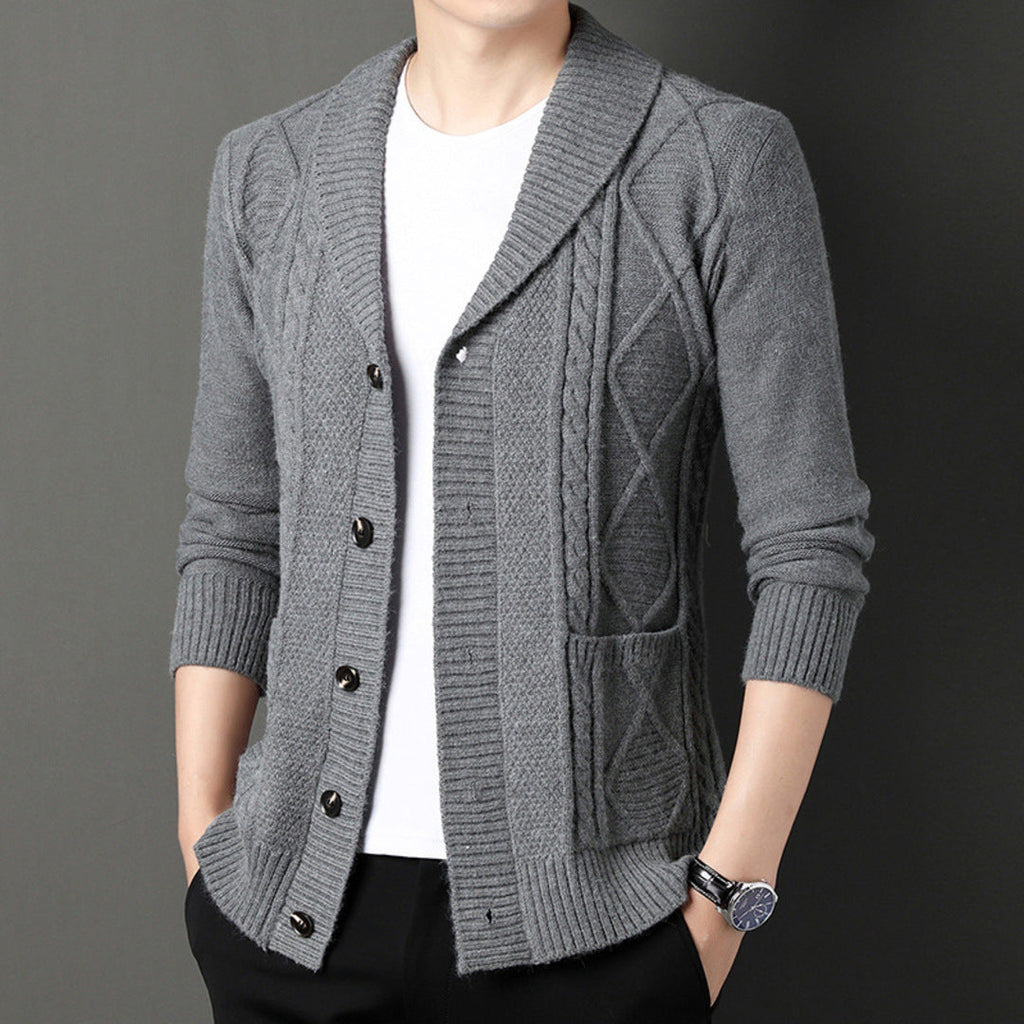 Men's textured cable knit cardigan with shawl collar and button front