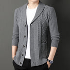 Men's textured cable knit cardigan with shawl collar and button front