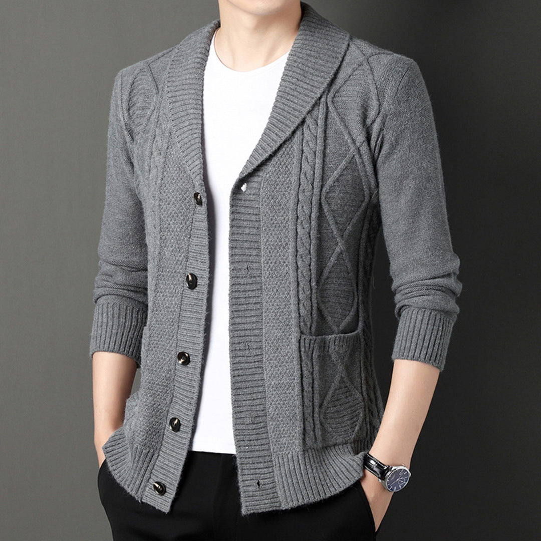 Men's textured cable knit cardigan with shawl collar and button front