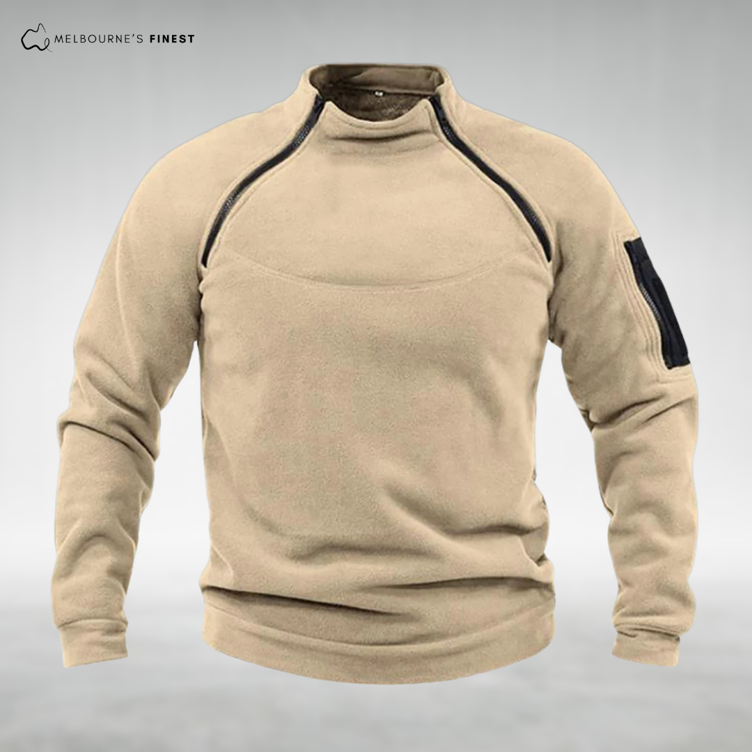 Men's fleece pullover with high collar and zip pockets