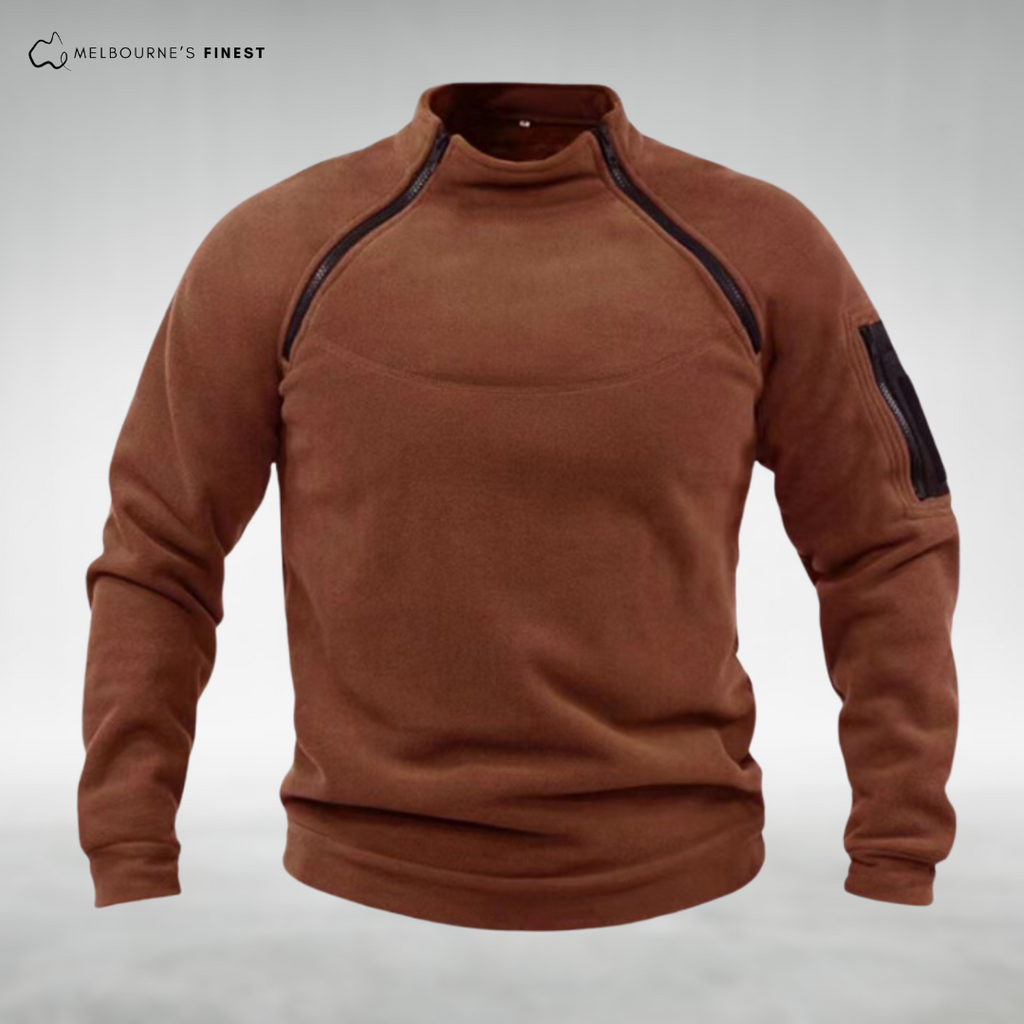 Men's fleece pullover with high collar and zip pockets