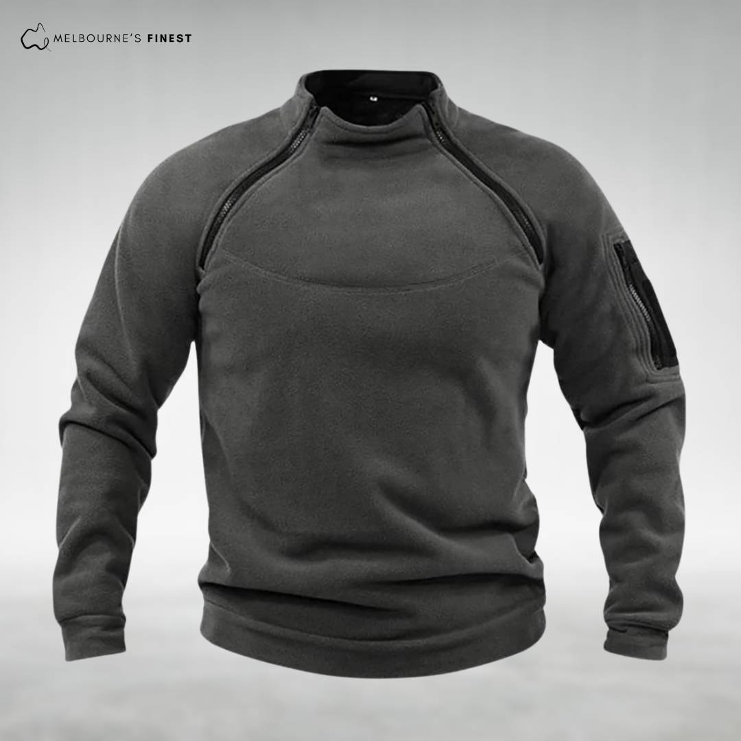 Men's fleece pullover with high collar and zip pockets