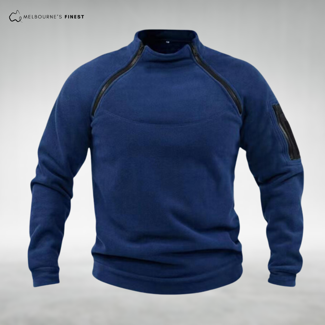 Men's fleece pullover with high collar and zip pockets