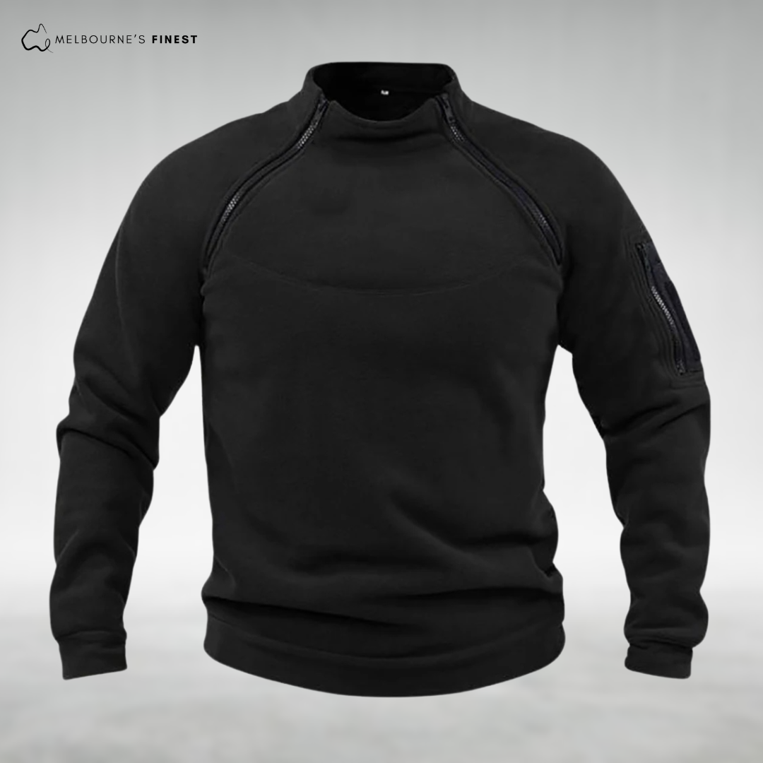 Men's fleece pullover with high collar and zip pockets