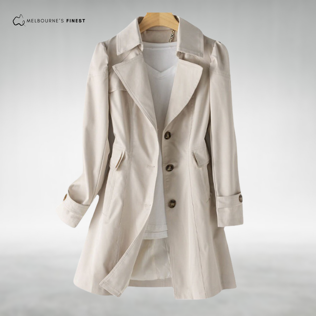 Women's longline trench coat with notched lapels, button front and long sleeves