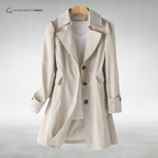 Women's longline trench coat with notched lapels, button front and long sleeves