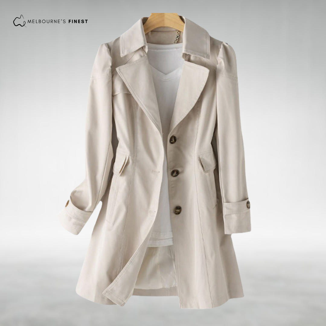 Women's longline trench coat with notched lapels, button front and long sleeves