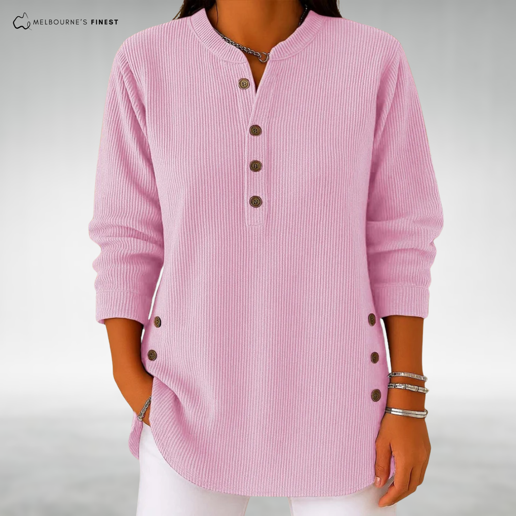 Women's ribbed long-sleeve jumper with split neckline, front buttons and curved hem