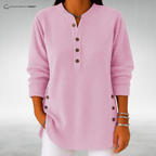 Women's ribbed long-sleeve jumper with split neckline, front buttons and curved hem
