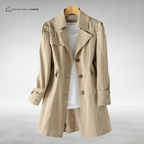 Women's longline trench coat with notched lapels, button front and long sleeves