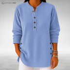 Women's ribbed long-sleeve jumper with split neckline, front buttons and curved hem