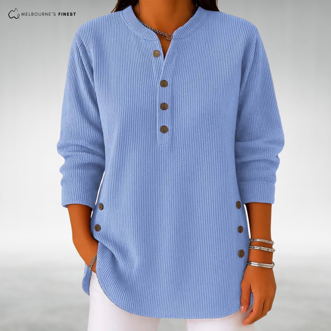 Women's ribbed long-sleeve jumper with split neckline, front buttons and curved hem