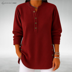 Women's ribbed long-sleeve jumper with split neckline, front buttons and curved hem