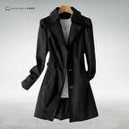 Women's longline trench coat with notched lapels, button front and long sleeves