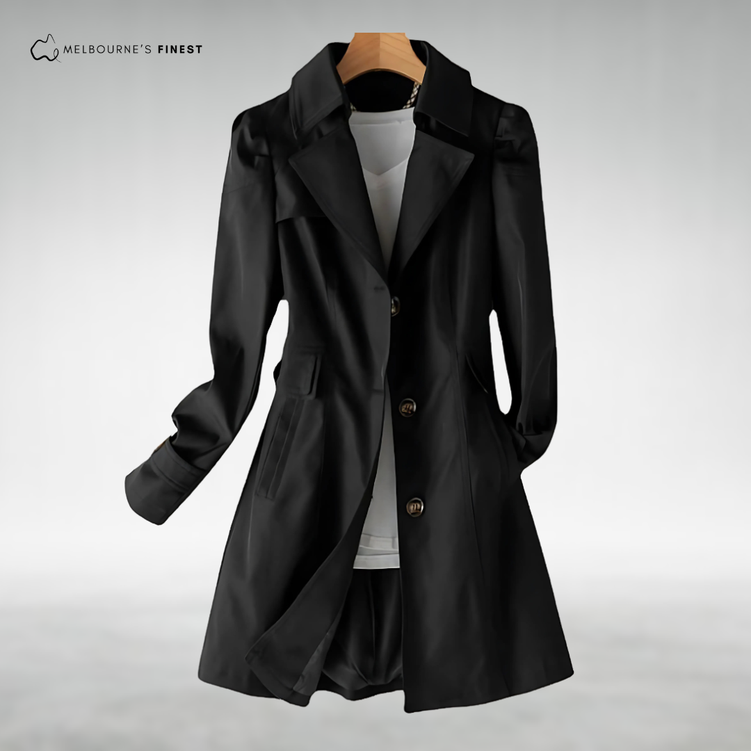Women's longline trench coat with notched lapels, button front and long sleeves