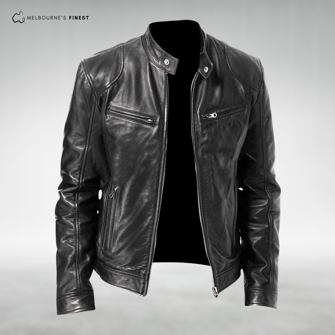 Men's structured zip front jacket with stand collar, long sleeves and four zipped pockets