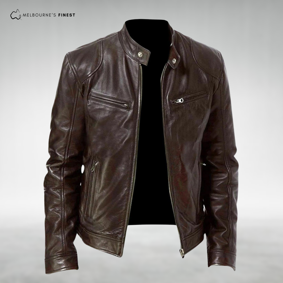 Men's structured zip front jacket with stand collar, long sleeves and four zipped pockets