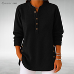 Women's ribbed long-sleeve jumper with split neckline, front buttons and curved hem