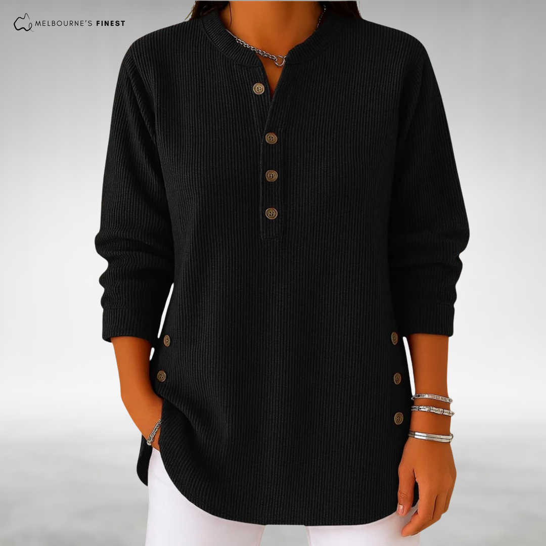 Women's ribbed long-sleeve jumper with split neckline, front buttons and curved hem