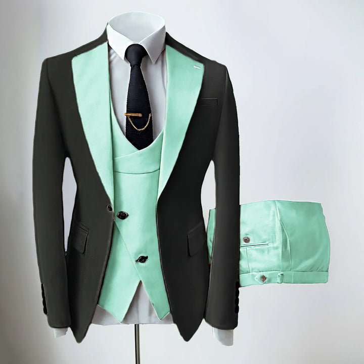 Men's slim fit three-piece suit with contrasting notch lapels and button-front waistcoat