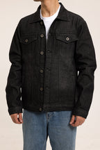 Men's black button-front utility jacket with pointed collar and flap pockets