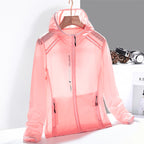 Hooded long-sleeve windbreaker jacket with front zip and two zipped pockets
