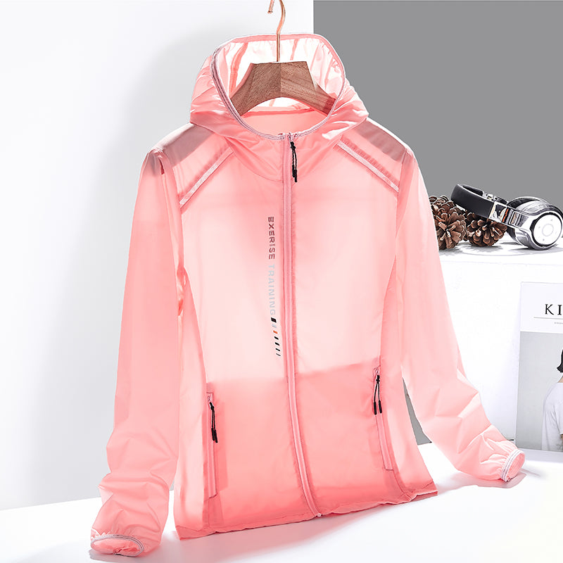 Hooded long-sleeve windbreaker jacket with front zip and two zipped pockets