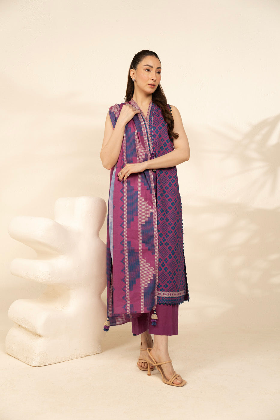 Women's pink geometric shirt, trouser and dupatta outfit set