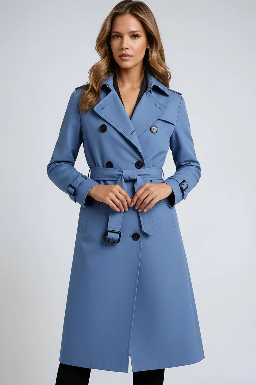 Women's long double-breasted trench coat with belt, lapel collar and cuff buckles