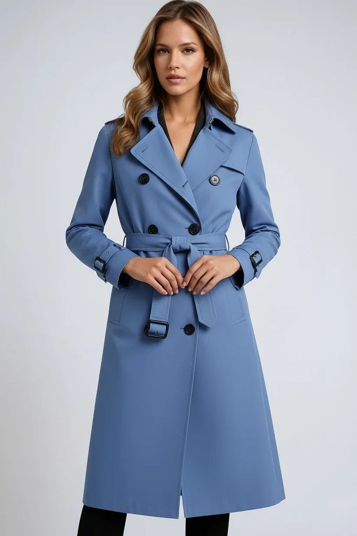 Women's long double-breasted trench coat with belt, lapel collar and cuff buckles