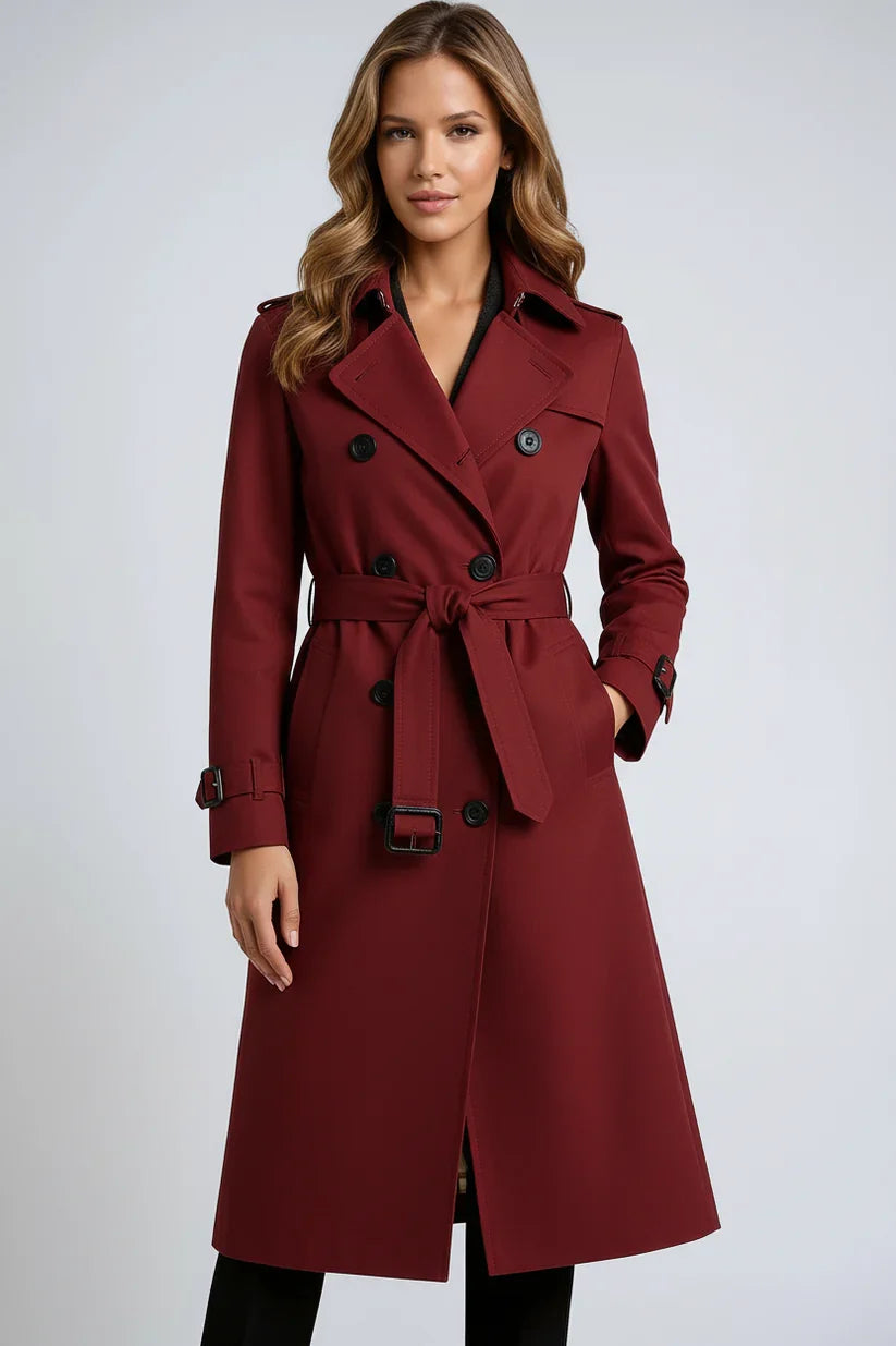 Women's long double-breasted trench coat with belt, lapel collar and cuff buckles