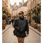 Women's black leather biker jacket with asymmetric zip and high collar