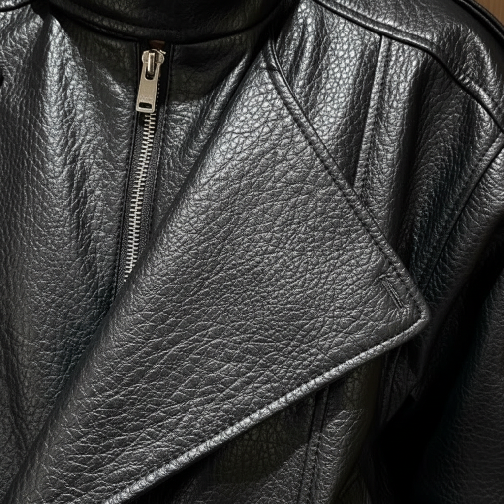 Women's black leather biker jacket with asymmetric zip and high collar