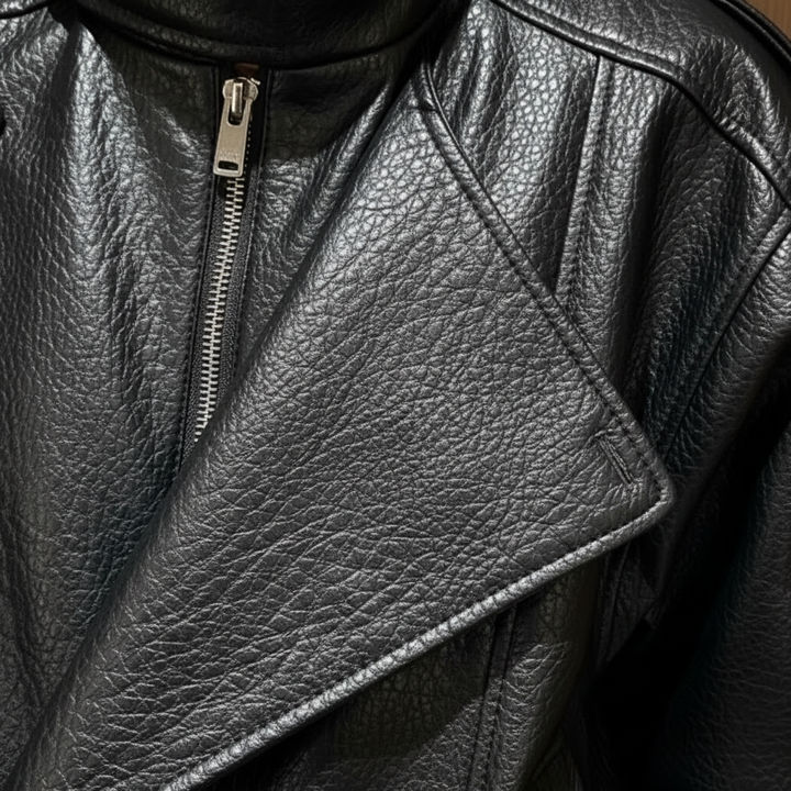 Women's black leather biker jacket with asymmetric zip and high collar