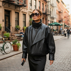 Women's black leather biker jacket with asymmetric zip and high collar