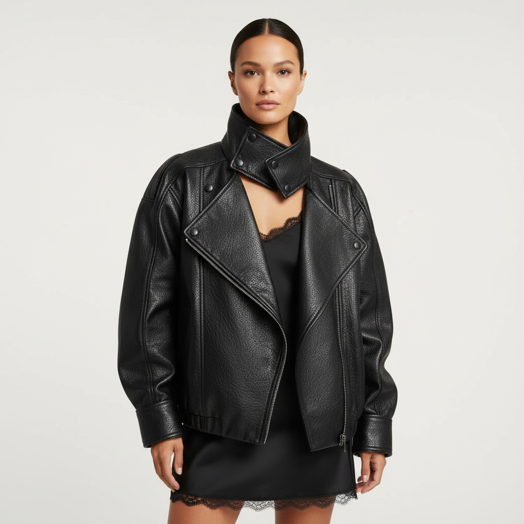 Women's black leather biker jacket with asymmetric zip and high collar