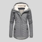Women's hooded lined coat with long sleeves, zip front and lower pockets