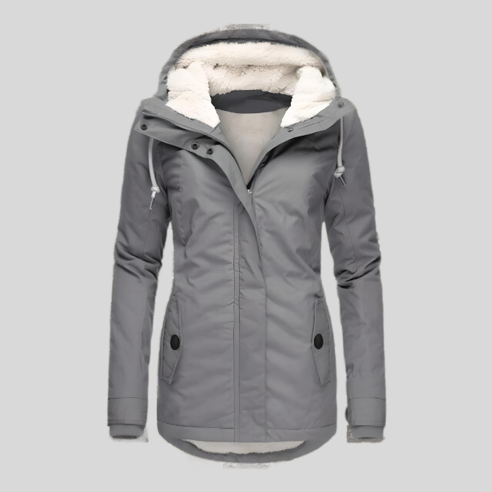 Women's hooded lined coat with long sleeves, zip front and lower pockets