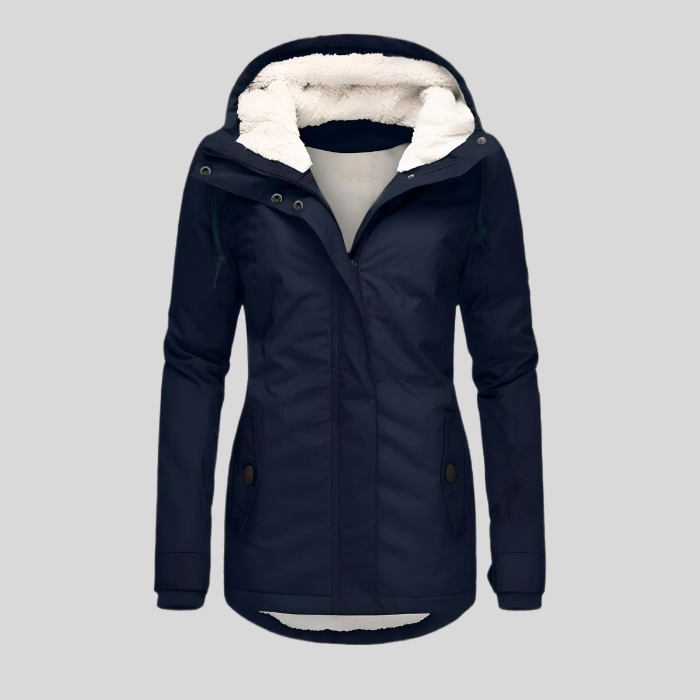 Women's hooded lined coat with long sleeves, zip front and lower pockets