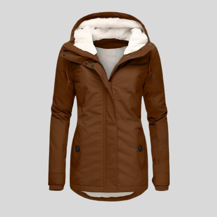 Women's hooded lined coat with long sleeves, zip front and lower pockets