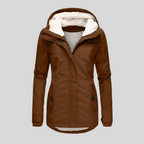Women's hooded lined coat with long sleeves, zip front and lower pockets