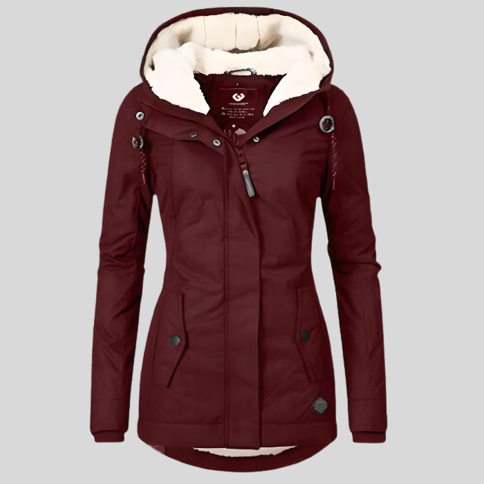 Women's hooded lined coat with long sleeves, zip front and lower pockets