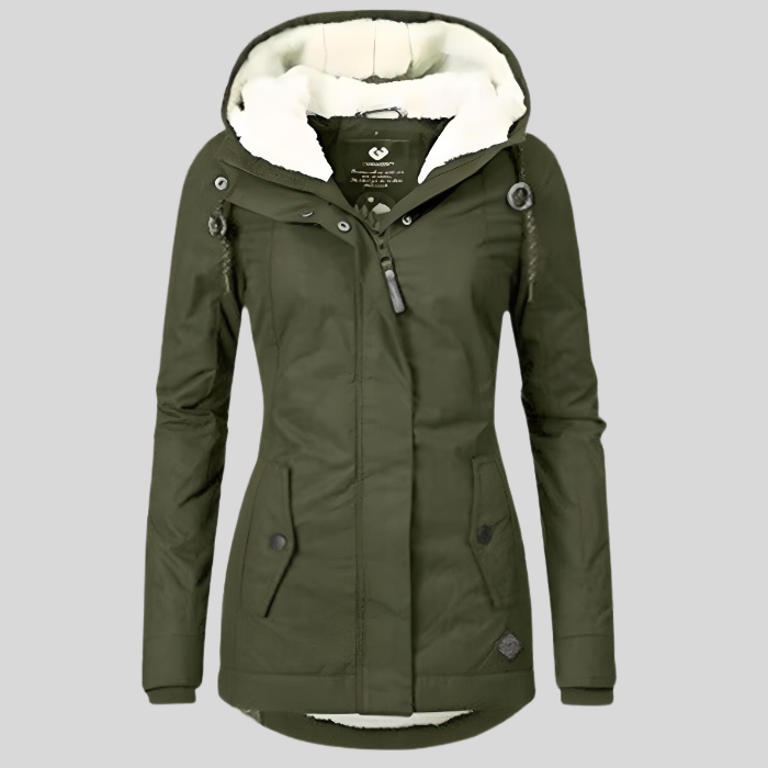 Women's hooded lined coat with long sleeves, zip front and lower pockets