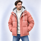 Men's hooded quilted puffer jacket with long sleeves and front zip fastening