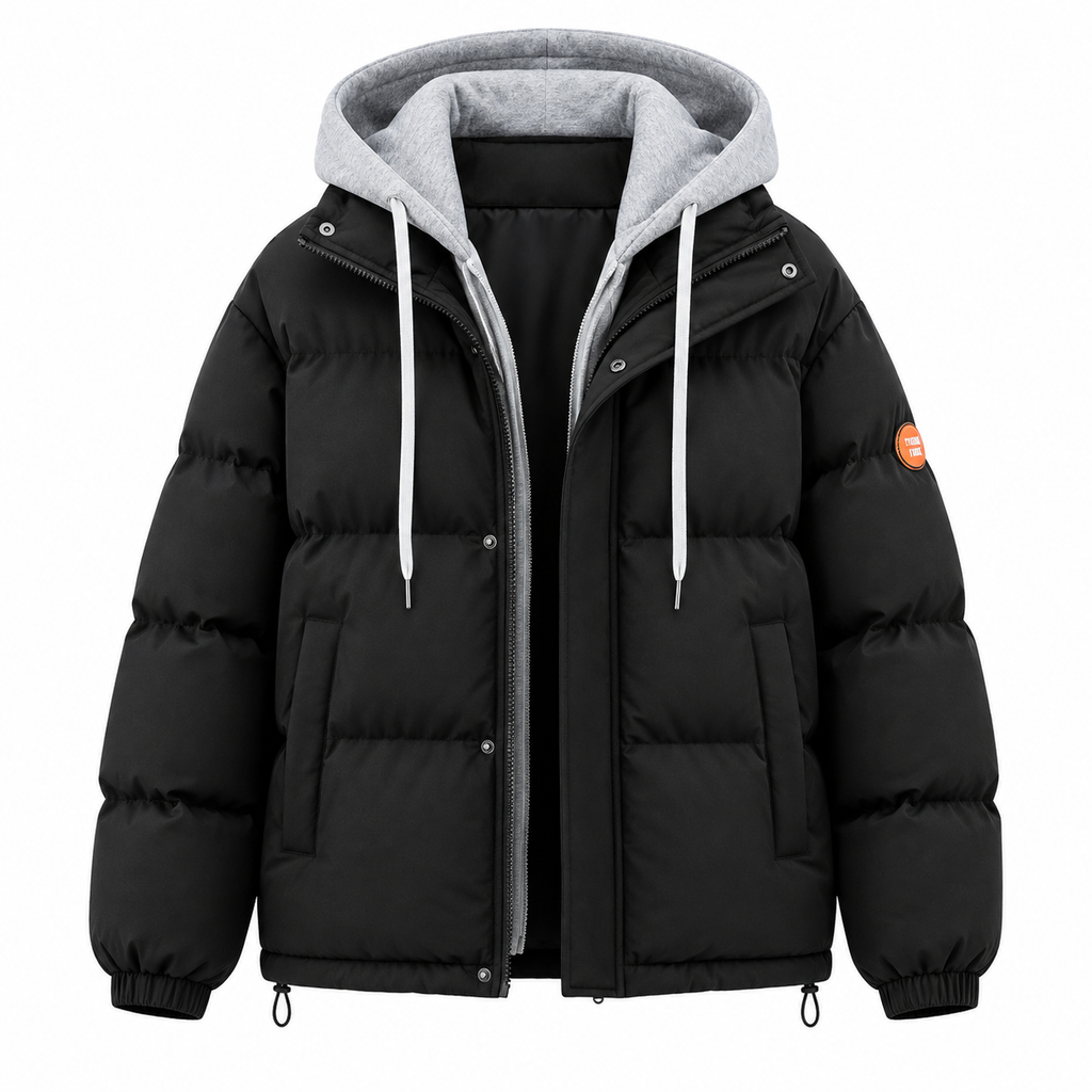 Men's hooded quilted puffer jacket with long sleeves and front zip fastening